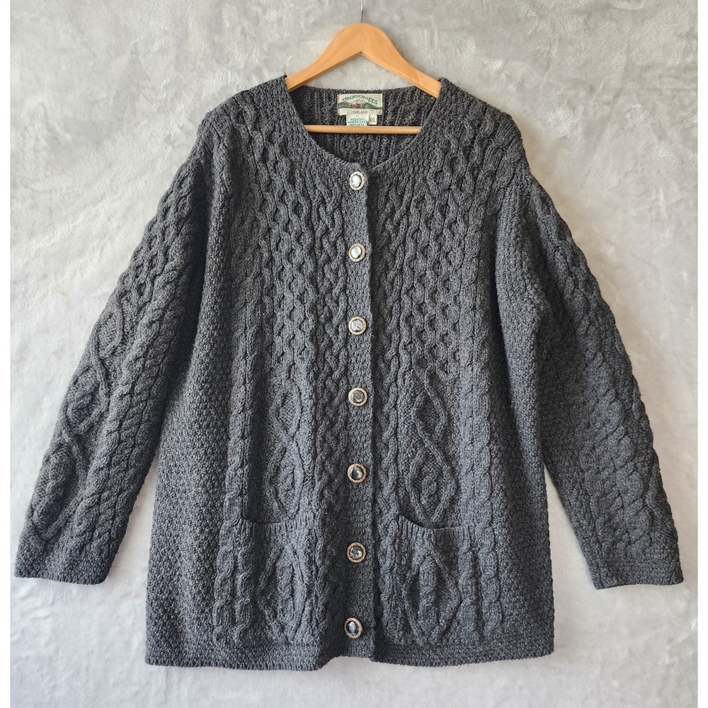 Aran Crafts Cardigan Sweater Womens Size 2XL Merino Wool Gray Ornate Buttons XXL